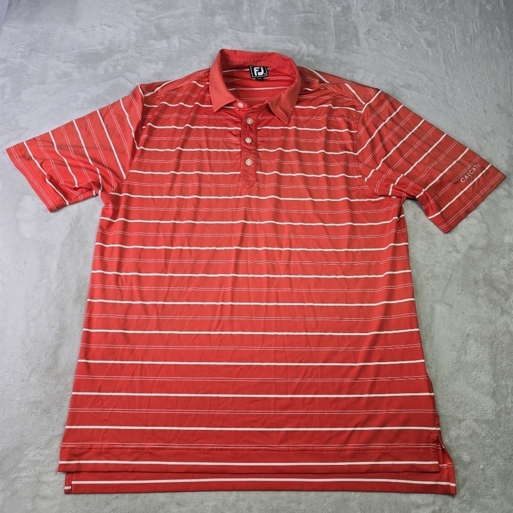 FootJoy FJ Red Salmon Striped Polo Shirt Cascata Logo Men's XL